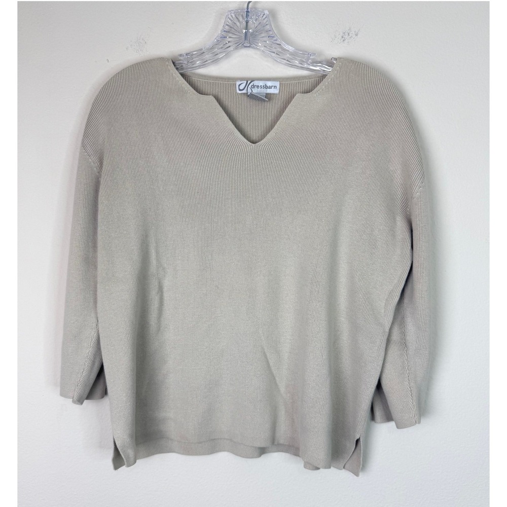 Dressbarn Sweater Womens L Beige Ribbed Knit Split Neck 3/4 Sleeve Casual Soft